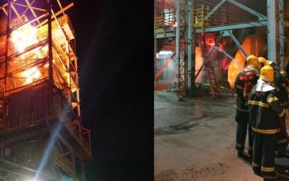 Elevador em construção pega fogo em empresa de fertilizantes em Uberaba