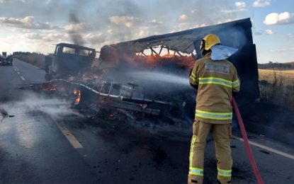 Caminhão carregado com carvão vegetal pega fogo na BR-494, próximo ao município de São Tiago